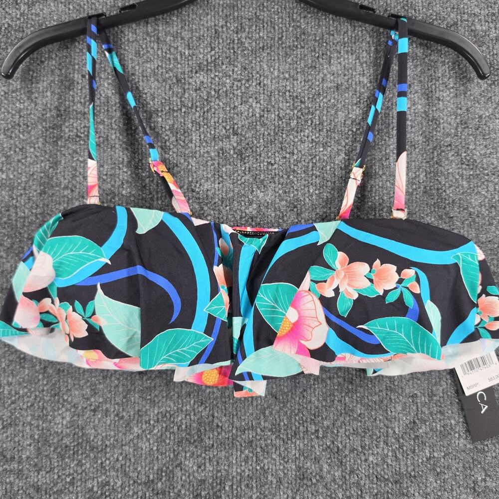 La Blanca Women's Size 6 Black Floral Ruffle Bandeau Bikini Top Swimwear